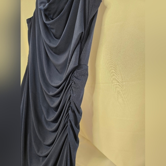 Sam Edelman Cowl Neck Ruched Jersey Midi Dress | Size LARGE Navy Blue - Picture 3 of 15